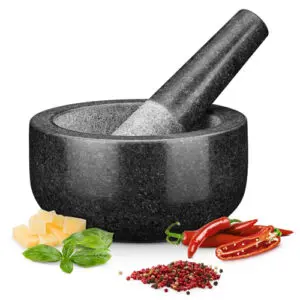 The H&S Granite Mortar and Pestle Set is crafted with convenience in mind. The dimensions of the mortar are 16cm (6.3") in diameter and 8cm (3.15") in height, while the interior bowl measures 12cm (4.7") in diameter and 6cm (2.4") in depth.