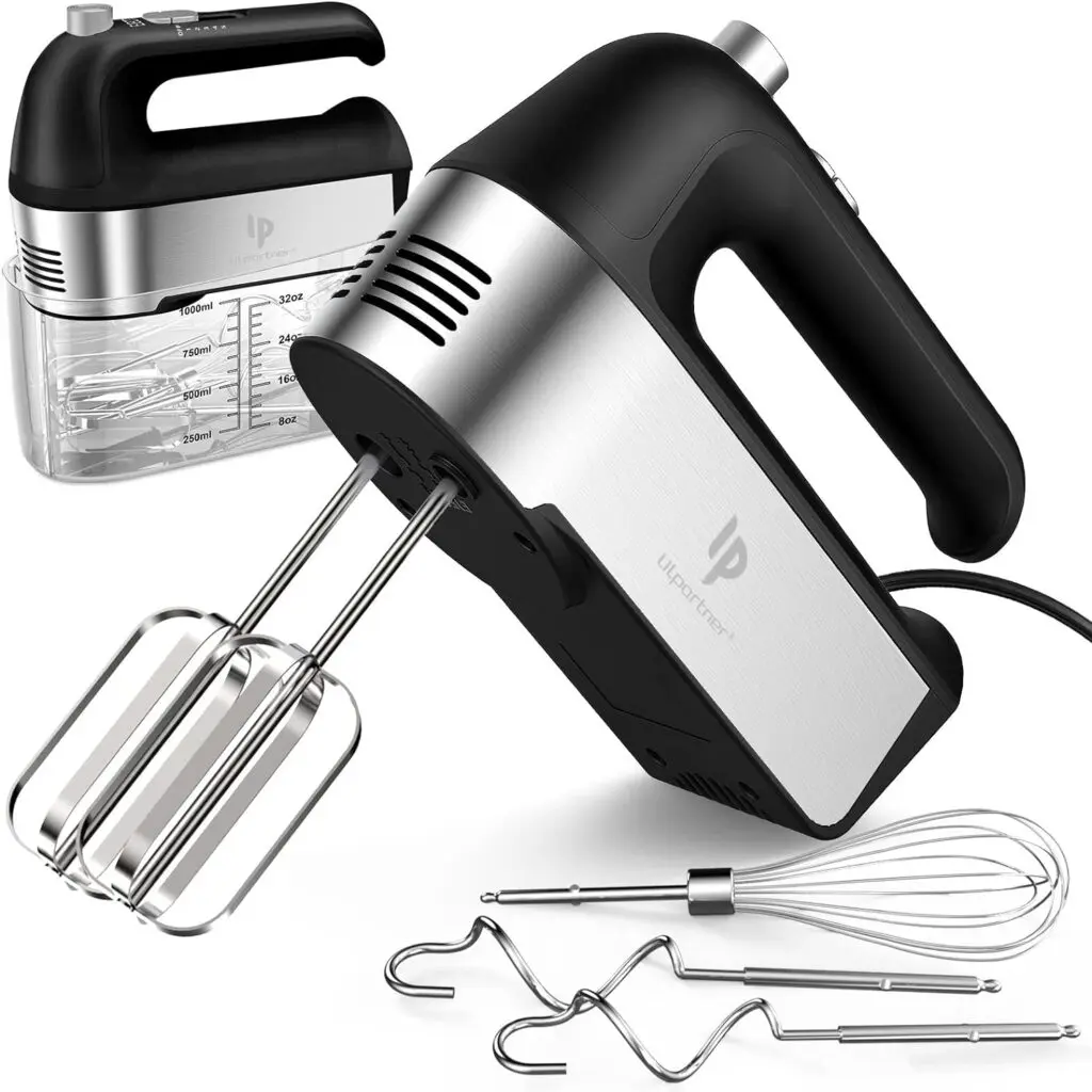 The Hand Mixer Electric comes with five high-quality stainless steel accessories: two dough hooks, two beaters, and a whisk.