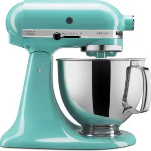 The KitchenAid Artisan Stand Mixer Series 5 Quart Tilt-Head with Pouring Shield (model KSM150PS) in Aqua Sky is a versatile and indispensable tool for any kitchen.