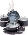 The GreenPan Valencia Pro Cookware Set is constructed from hard-anodized aluminium and offers exceptional durability and heat distribution.