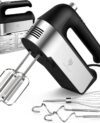 The Hand Mixer Electric comes with five high-quality stainless steel accessories: two dough hooks, two beaters, and a whisk.