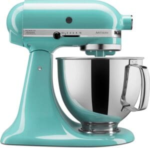 The KitchenAid Artisan Stand Mixer Series 5 Quart Tilt-Head with Pouring Shield (model KSM150PS) in Aqua Sky is a versatile and indispensable tool for any kitchen.