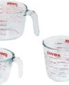 The Pyrex Glass Measuring Cup Set comprises three essential pieces: a 1-cup, 2-cup, and 4-cup measuring cup, each meticulously designed to cater to various culinary needs.