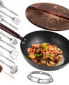 The set features a high-quality 12.8-inch Best Carbon Steel Wok, a wooden lid, and ten essential accessories: a slotted turner, ladle, spatula, skimmer, solid spoon, slotted spoon, egg whisk, wok brush, wok ring, and pasta server.