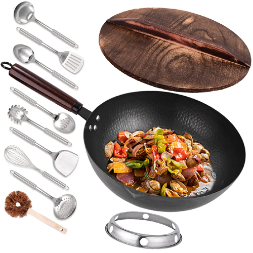 The set features a high-quality 12.8-inch Best Carbon Steel Wok, a wooden lid, and ten essential accessories: a slotted turner, ladle, spatula, skimmer, solid spoon, slotted spoon, egg whisk, wok brush, wok ring, and pasta server.
