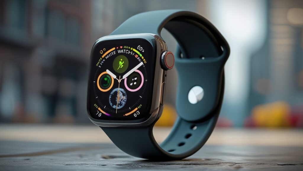 The Apple Watch Series 10 [GPS 46mm case] sets a new standard for wearable technology with its jet-black aluminum case and black sports bands.