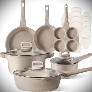 The CAROTE 13-piece kitchen pots and pans set is designed for those who seek reliability and versatility in their cookware.